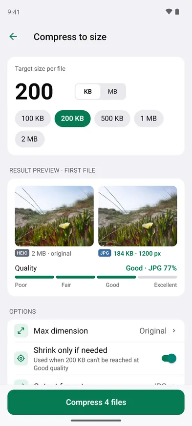 200 KB per file. The first photo lands at 184 KB and 1200 px, at Good quality.