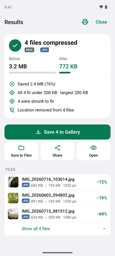 Four photos, each under 200 KB, ready to save.