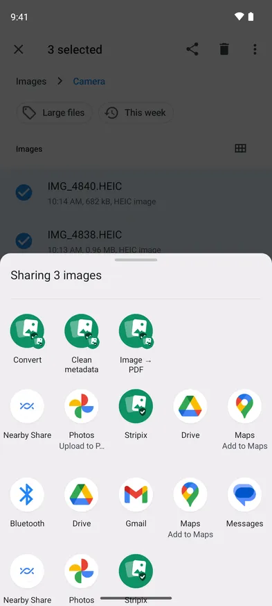 The Share menu in Files, with Stripix’s Convert, Clean metadata and Image → PDF.