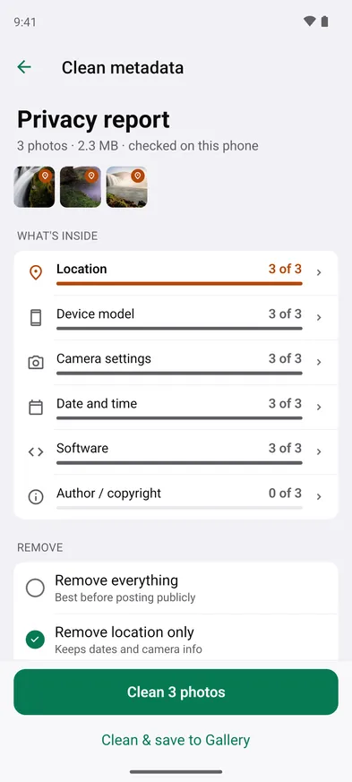The privacy report for three photos shared from Files. All three carry a location.