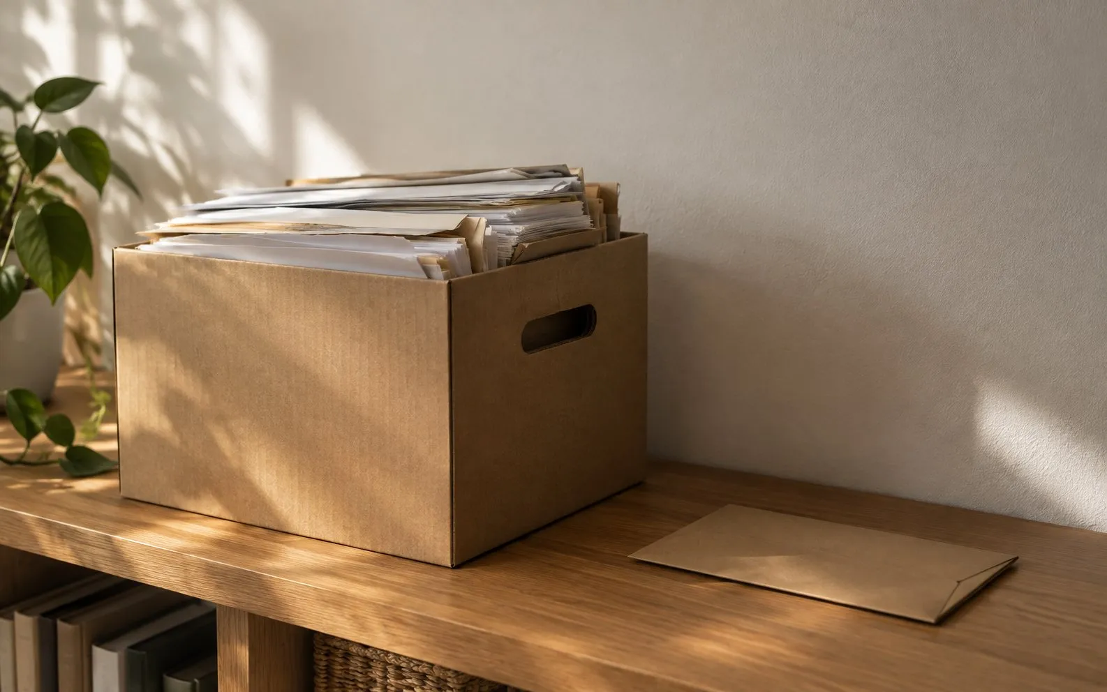A cardboard box full of paper documents on a wooden shelf