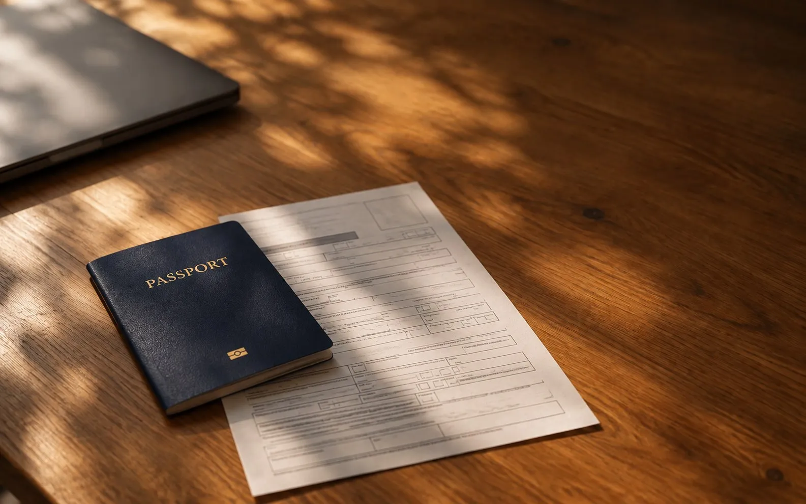A passport on a printed form on a wooden desk