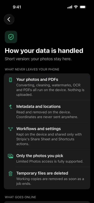 Stripix settings screen: How your data is handled