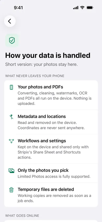 Stripix settings screen: How your data is handled