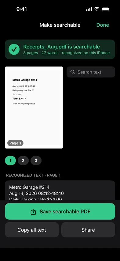 The recognized text for each page, and Save searchable PDF.