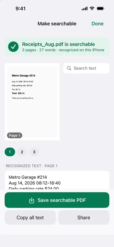The recognized text for each page, and Save searchable PDF.