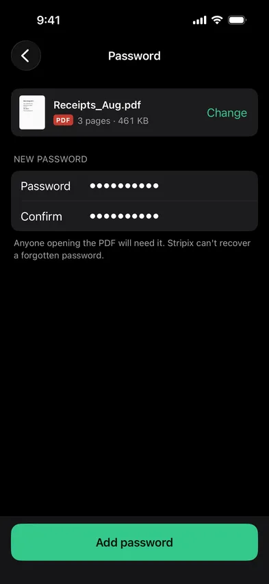 Stripix PDF password screen