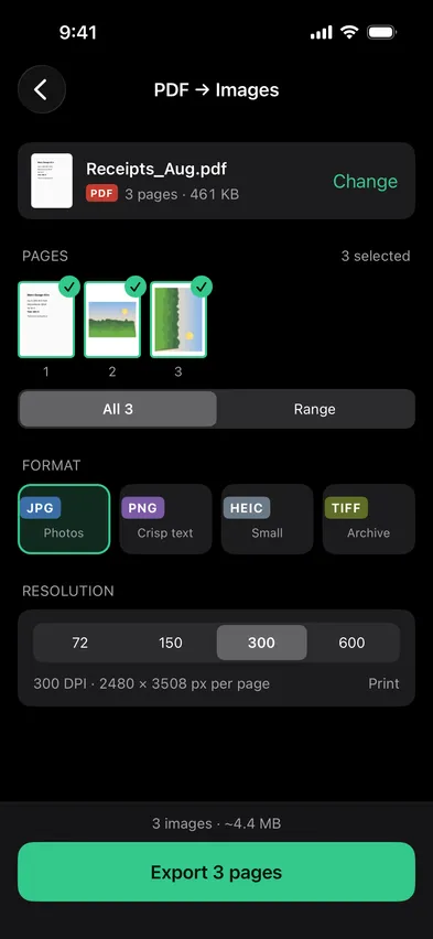 Stripix PDF → Images screen