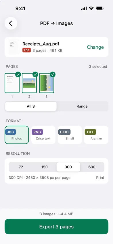Stripix PDF → Images screen