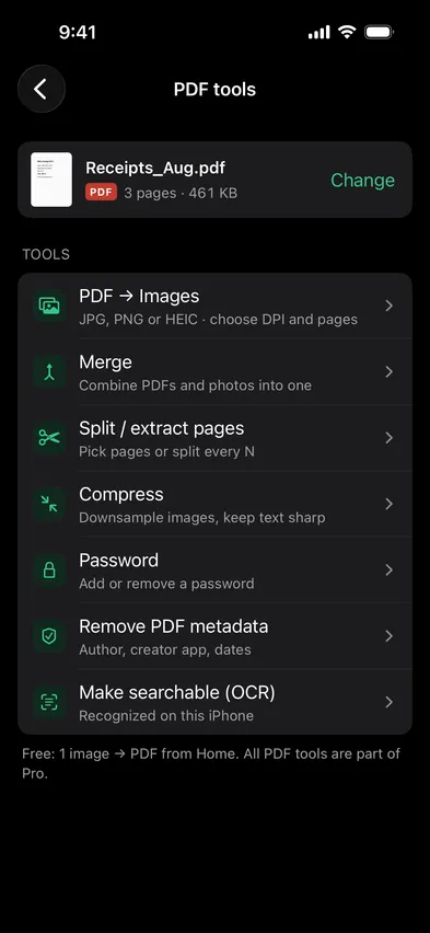 Stripix PDF tools screen