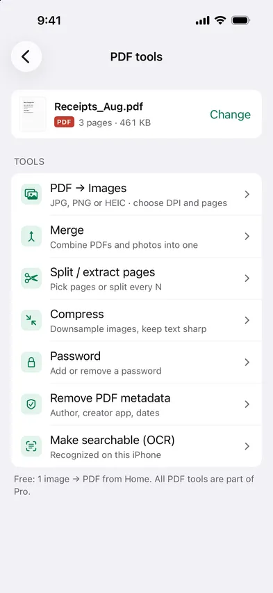 Stripix PDF tools screen