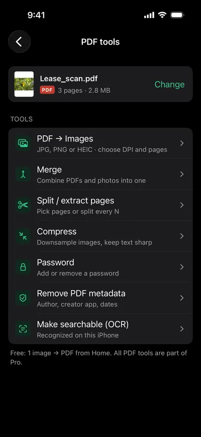 Stripix PDF tools screen
