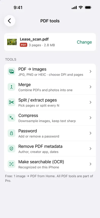 Stripix PDF tools screen