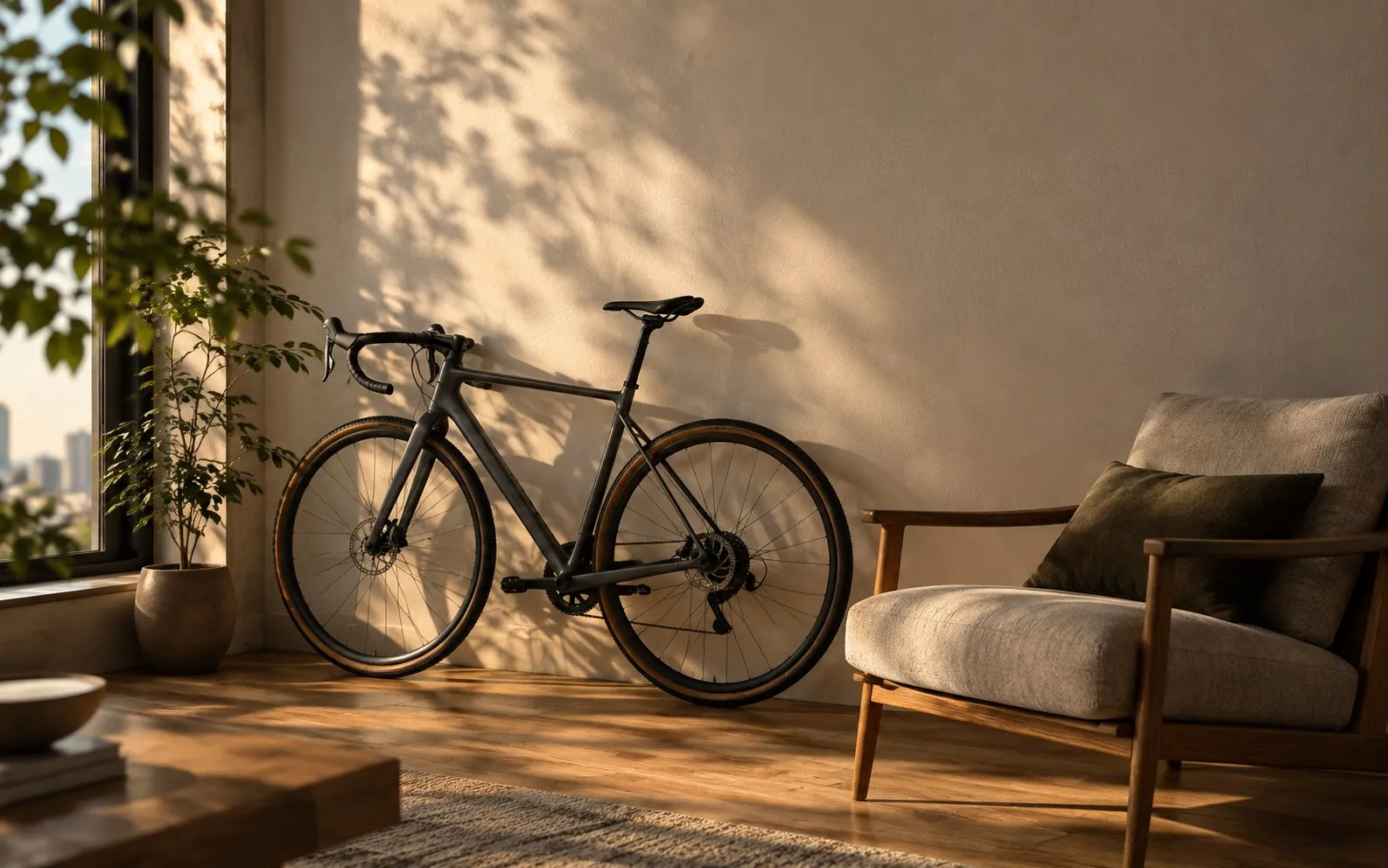 A bicycle by a window in a sunlit room