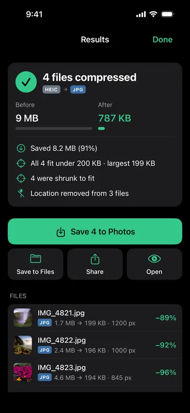Stripix Compress results screen