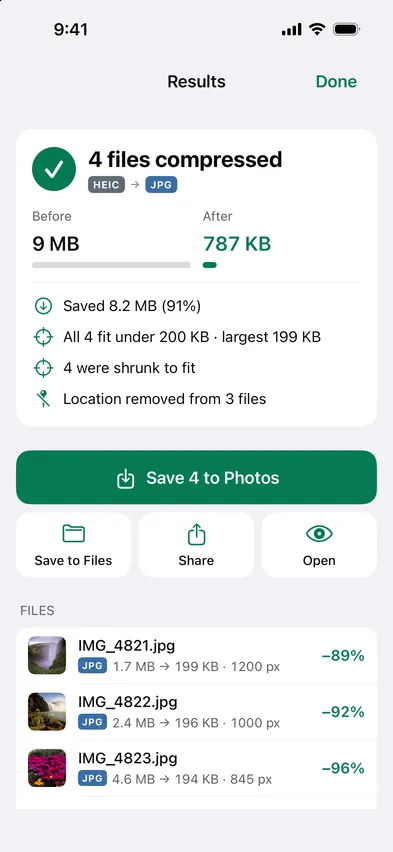 Stripix Compress results screen
