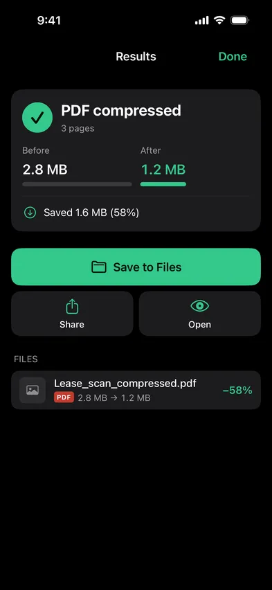 Stripix Compress PDF results screen