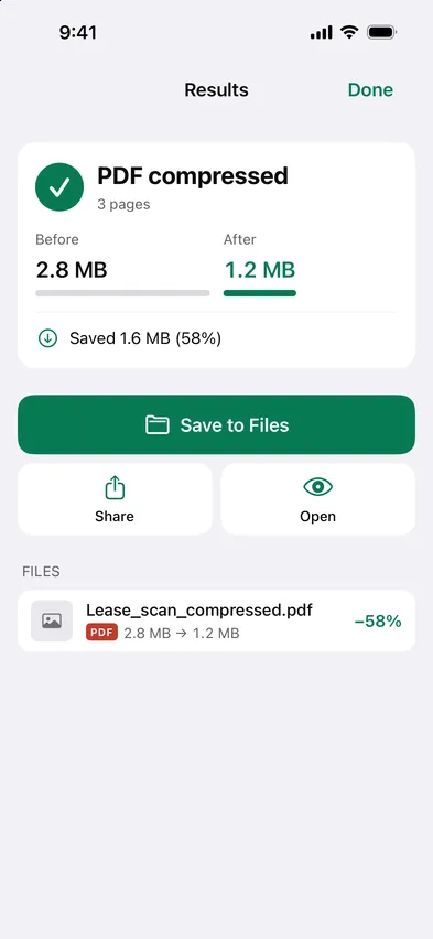 Stripix Compress PDF results screen