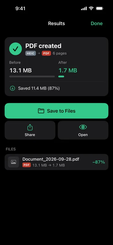 Stripix Image → PDF results screen