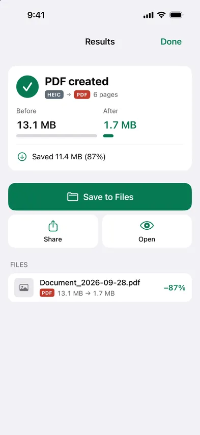 Stripix Image → PDF results screen