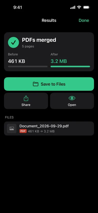 Stripix Merge PDFs results screen