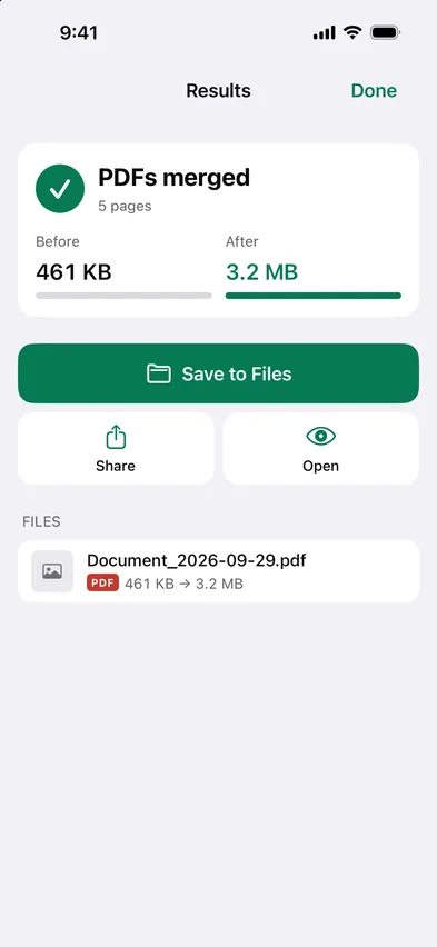 Stripix Merge PDFs results screen