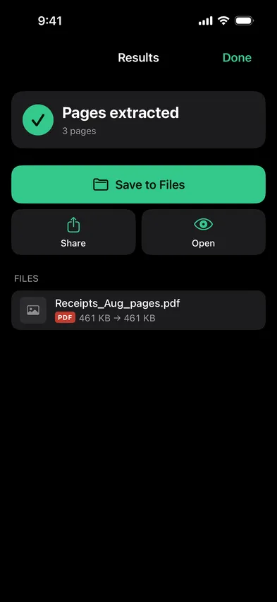 Stripix Split / extract pages results screen