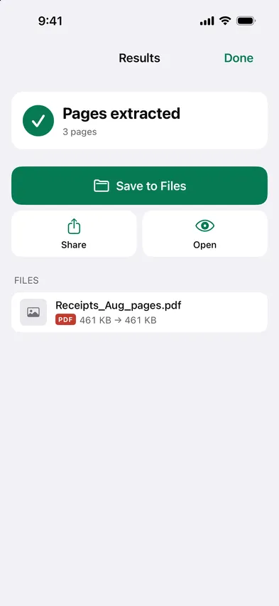 Stripix Split / extract pages results screen