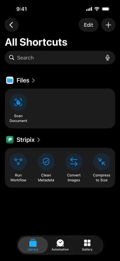 Stripix Shortcuts action screen