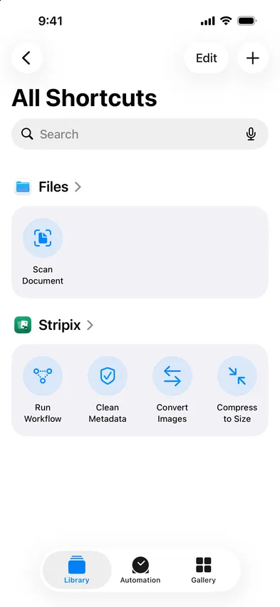 Stripix Shortcuts action screen