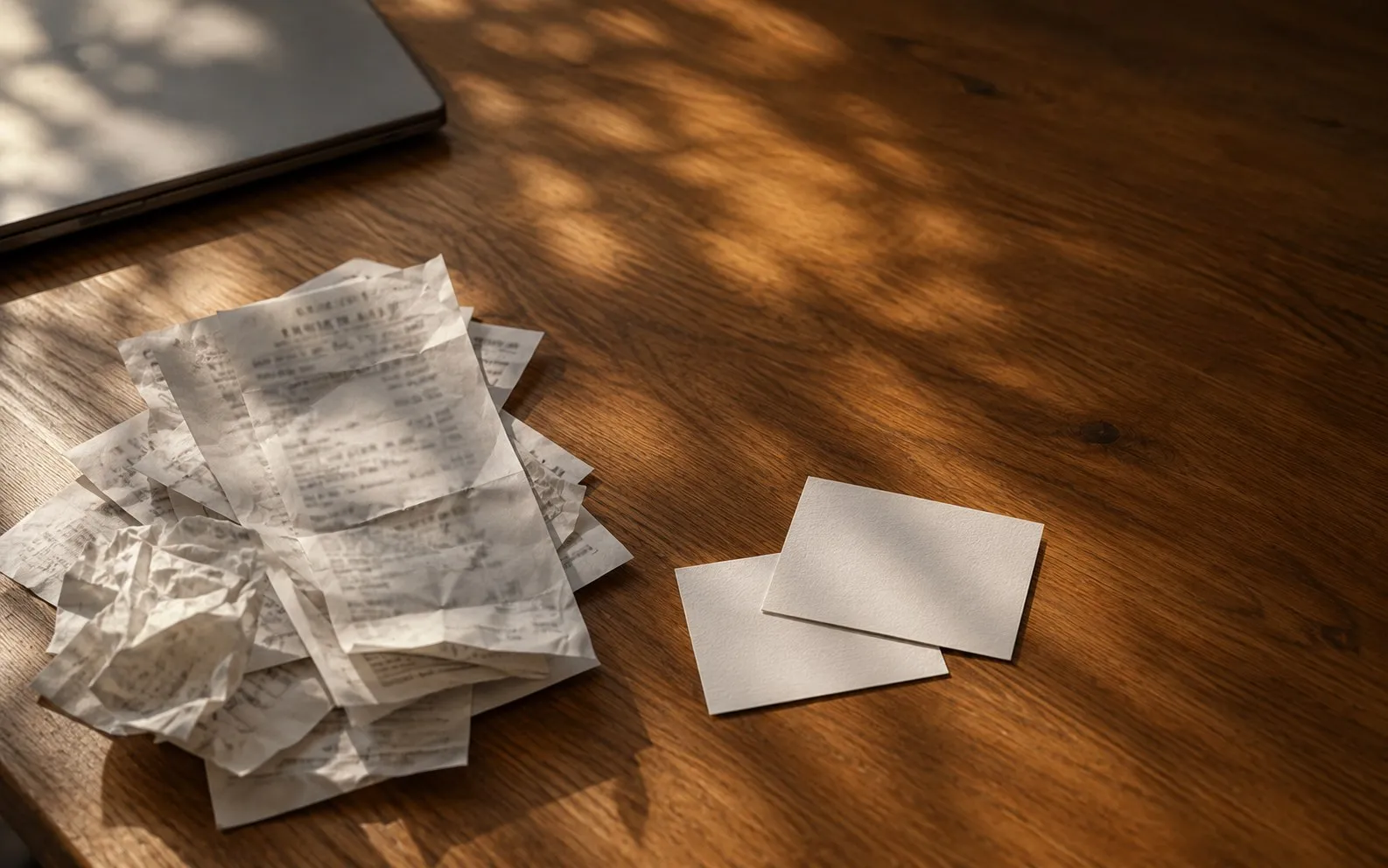 Paper receipts and cards on a wooden desk