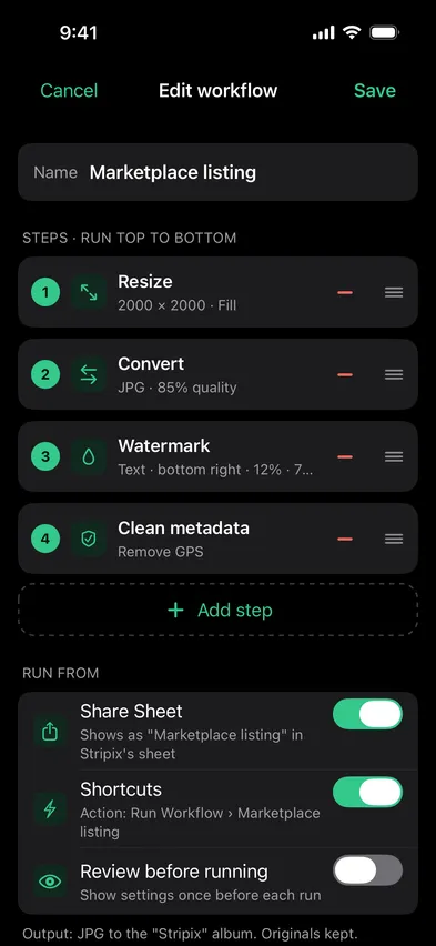 Stripix workflow editor screen
