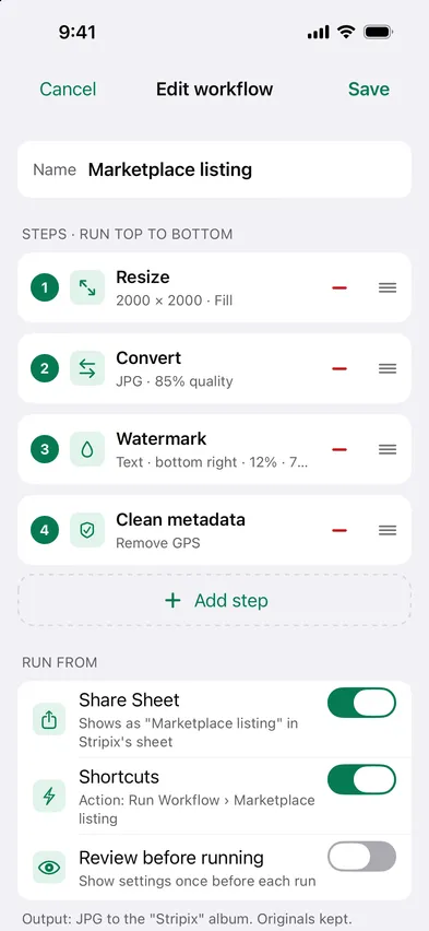 Stripix workflow editor screen